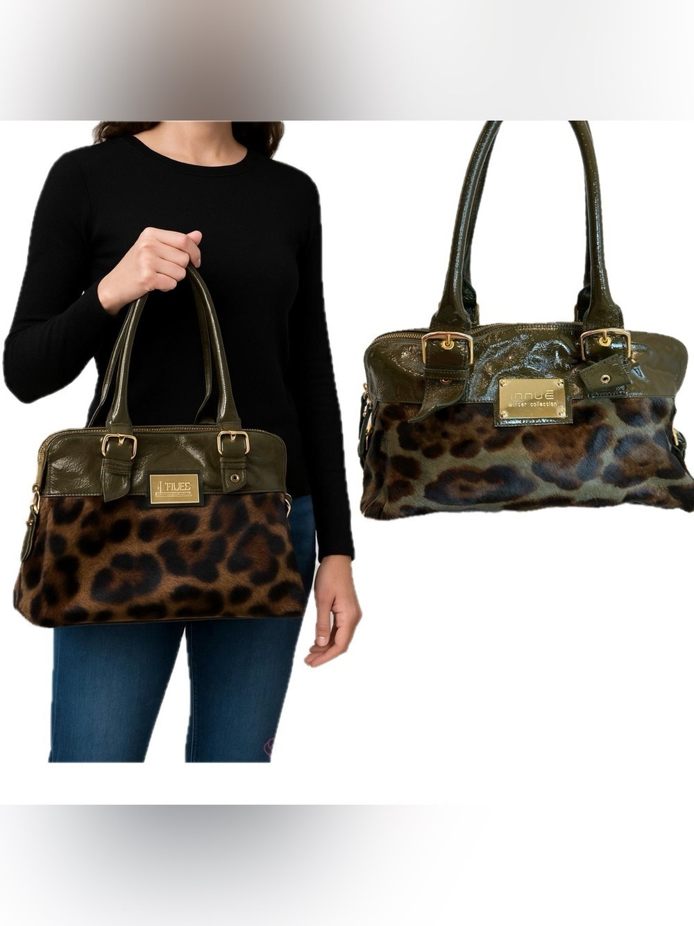 Innue Innuendo Winter Collection shoulder bag green patent camouflage faux fur